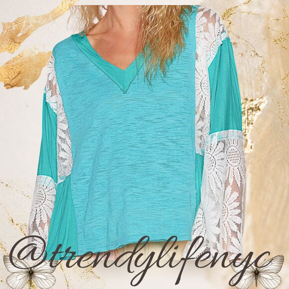 #103 POL V-Neck Flare Sleeve Lace Top - Picture 1 of 4